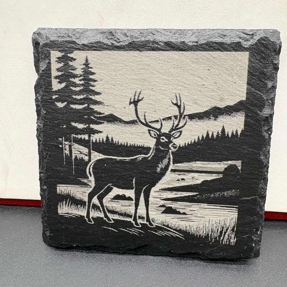 Rustic Deer Slate Coasters - Black and Gray (Set of 4) Laser Engraved Coated - Picture 6 of 8